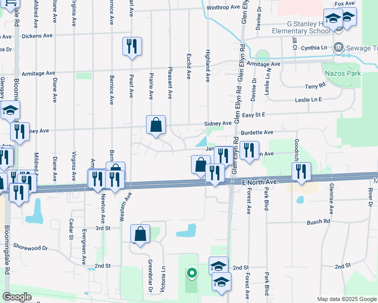 map of restaurants, bars, coffee shops, grocery stores, and more near 511 James Court in Glendale Heights