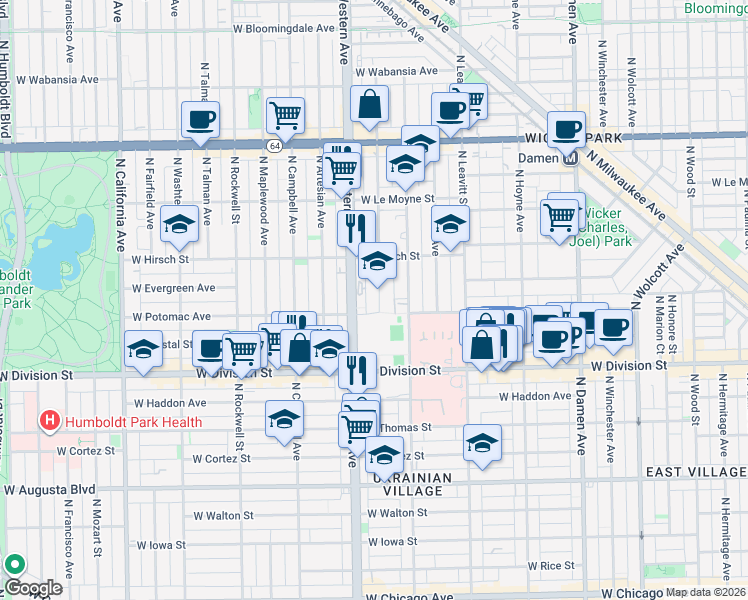 map of restaurants, bars, coffee shops, grocery stores, and more near 1312 North Claremont Avenue in Chicago