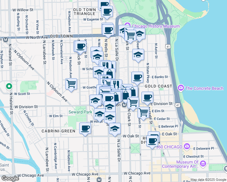 map of restaurants, bars, coffee shops, grocery stores, and more near 1250 North LaSalle Drive in Chicago