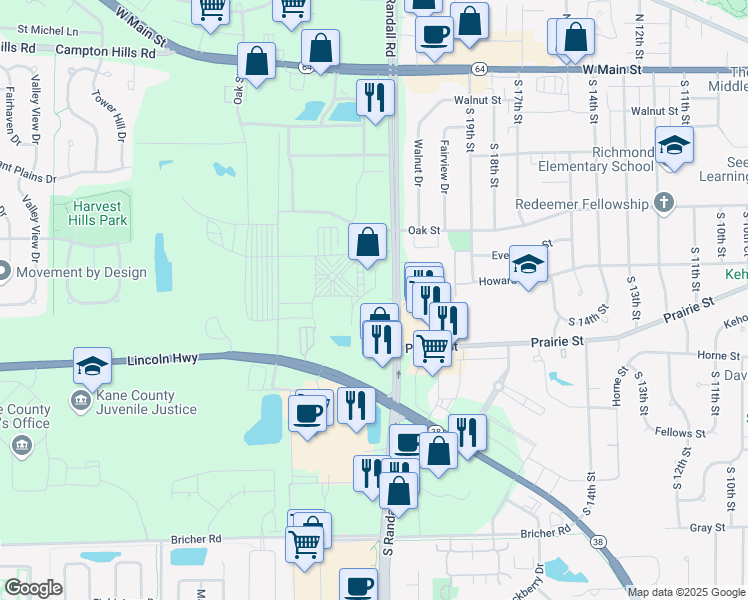 map of restaurants, bars, coffee shops, grocery stores, and more near 535 Randall Road in Setor Charles