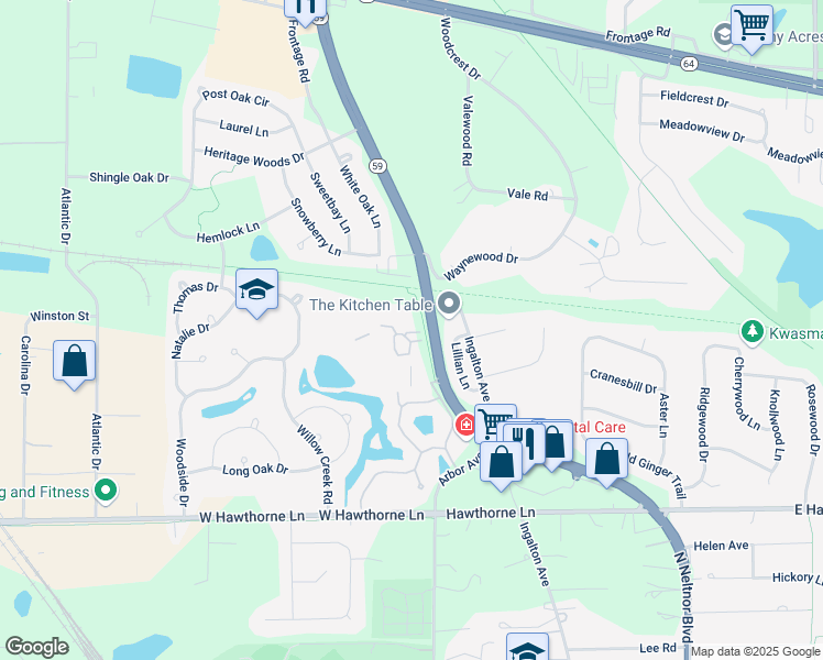 map of restaurants, bars, coffee shops, grocery stores, and more near 1210 Kings Circle in West Chicago