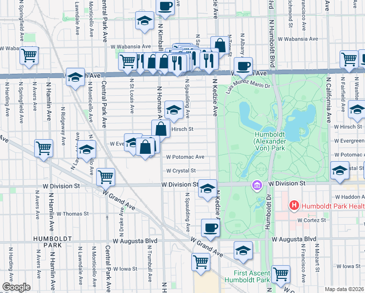 map of restaurants, bars, coffee shops, grocery stores, and more near 3311 West Evergreen Avenue in Chicago