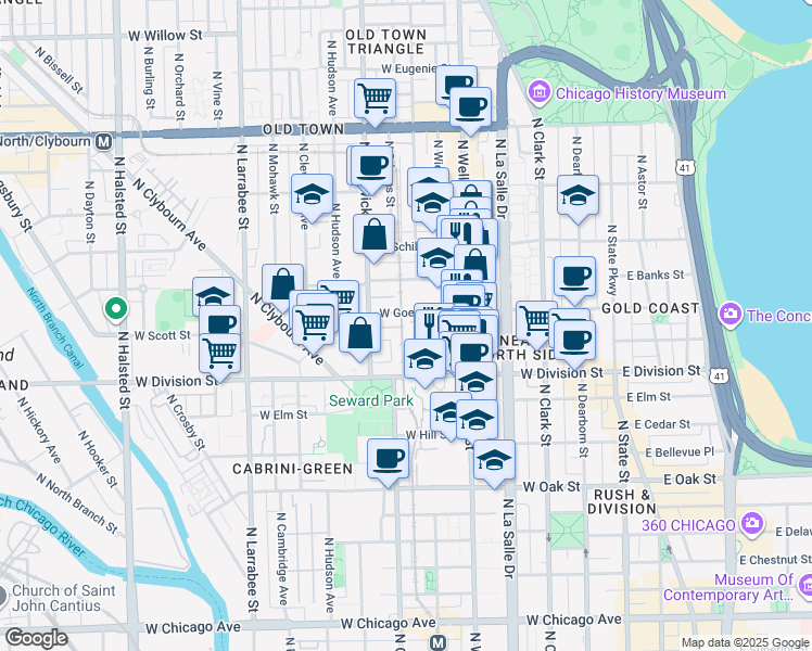 map of restaurants, bars, coffee shops, grocery stores, and more near 323 West Goethe Street in Chicago