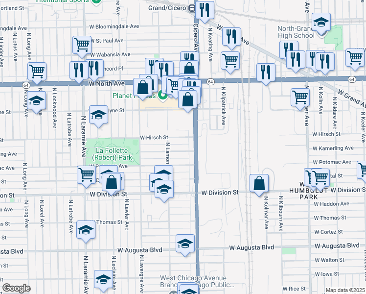 map of restaurants, bars, coffee shops, grocery stores, and more near 4826 West Kamerling Avenue in Chicago