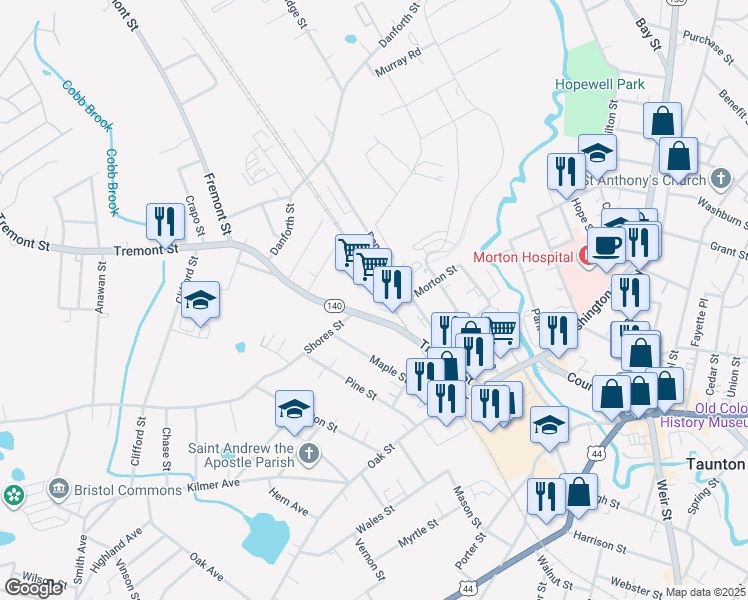 map of restaurants, bars, coffee shops, grocery stores, and more near 43 Tremont Street in Taunton
