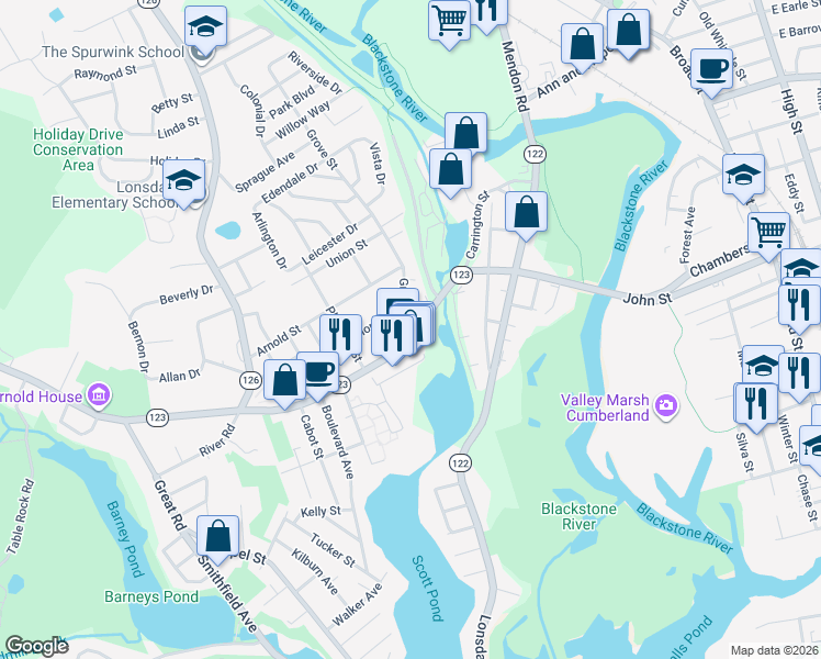 map of restaurants, bars, coffee shops, grocery stores, and more near 145 Front Street in Lincoln