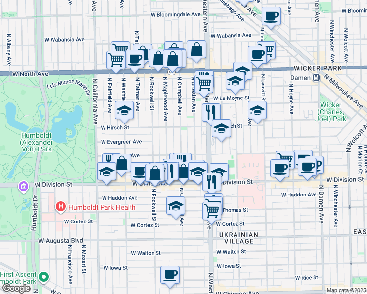 map of restaurants, bars, coffee shops, grocery stores, and more near 1317 North Campbell Avenue in Chicago