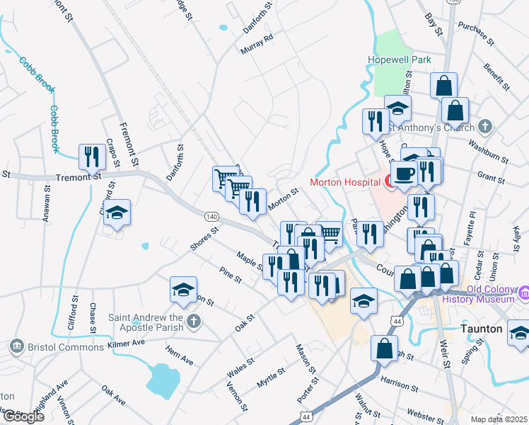 map of restaurants, bars, coffee shops, grocery stores, and more near 20 Dana Street in Taunton