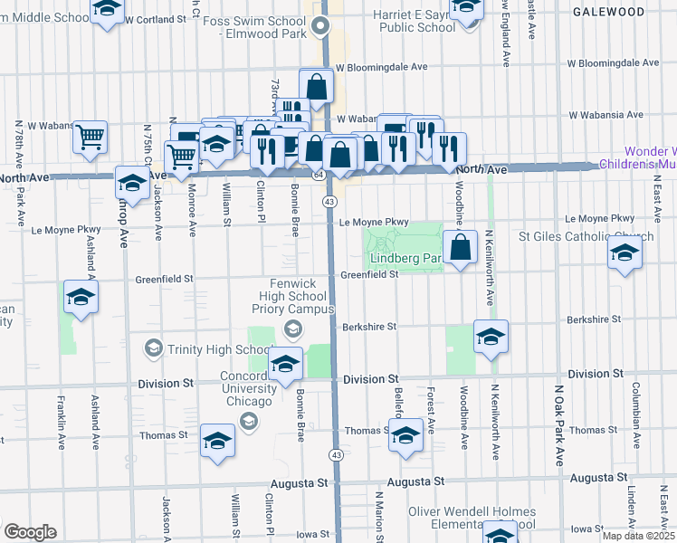 map of restaurants, bars, coffee shops, grocery stores, and more near 1401 Illinois 43 in Oak Park