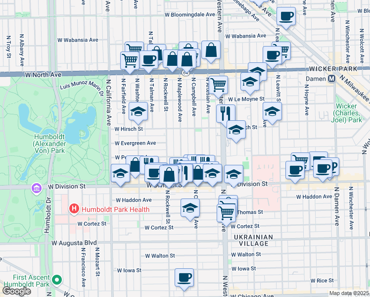 map of restaurants, bars, coffee shops, grocery stores, and more near 1320 North Campbell Avenue in Chicago