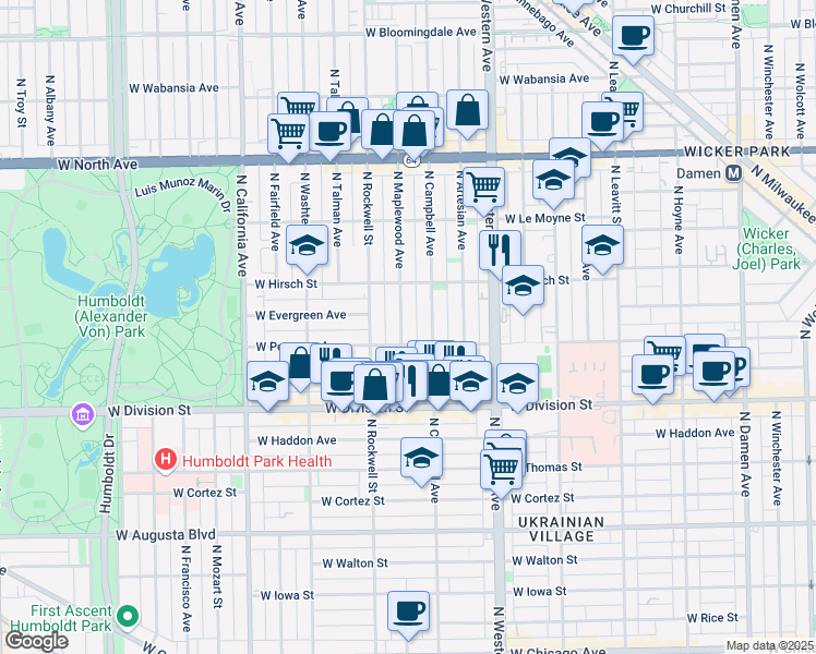 map of restaurants, bars, coffee shops, grocery stores, and more near 1317 North Maplewood Avenue in Chicago