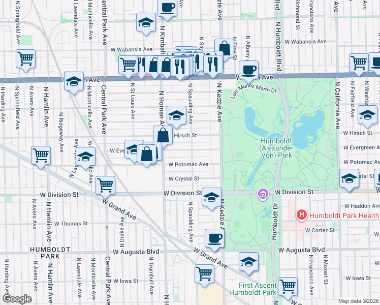 map of restaurants, bars, coffee shops, grocery stores, and more near 3301 West Evergreen Avenue in Chicago