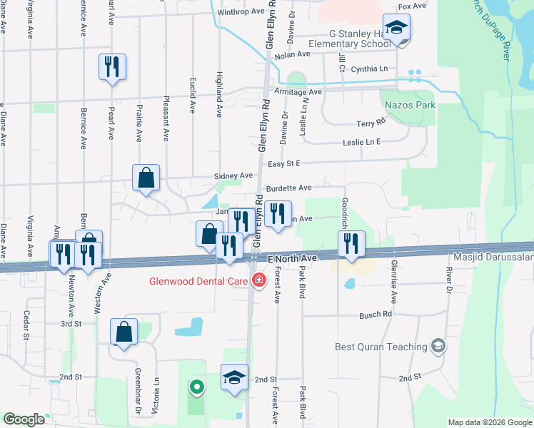 map of restaurants, bars, coffee shops, grocery stores, and more near 380 Peterson Avenue in Glendale Heights