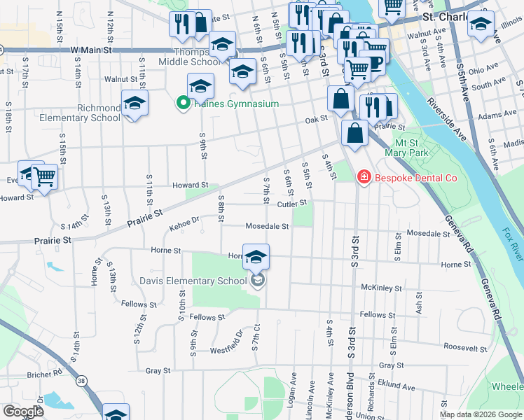 map of restaurants, bars, coffee shops, grocery stores, and more near 801 South 7th Street in St. Charles