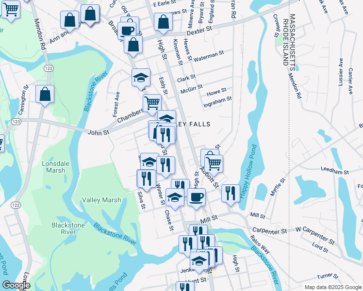 map of restaurants, bars, coffee shops, grocery stores, and more near 11 Gaskin Lane in Cumberland