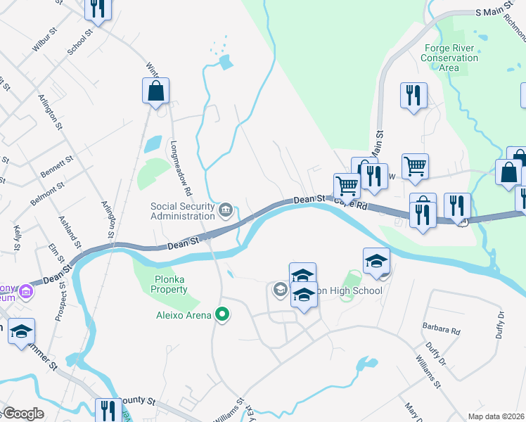map of restaurants, bars, coffee shops, grocery stores, and more near 122 Dean Street in Taunton