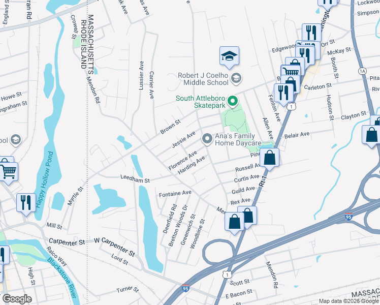 map of restaurants, bars, coffee shops, grocery stores, and more near 45 Hall Avenue in Attleboro
