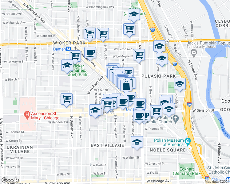map of restaurants, bars, coffee shops, grocery stores, and more near 1324 North Milwaukee Avenue in Chicago