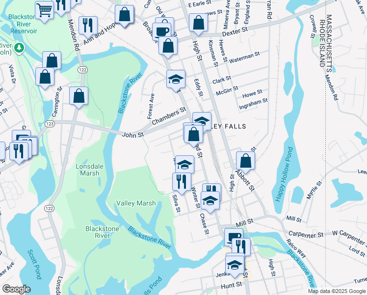 map of restaurants, bars, coffee shops, grocery stores, and more near 17 Eli Street in Cumberland