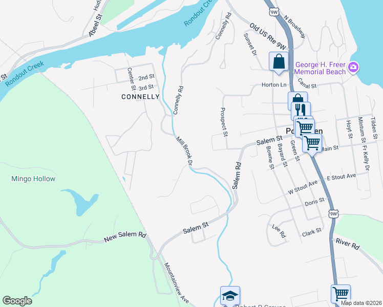 map of restaurants, bars, coffee shops, grocery stores, and more near 525 Mill Brook Drive in Port Ewen