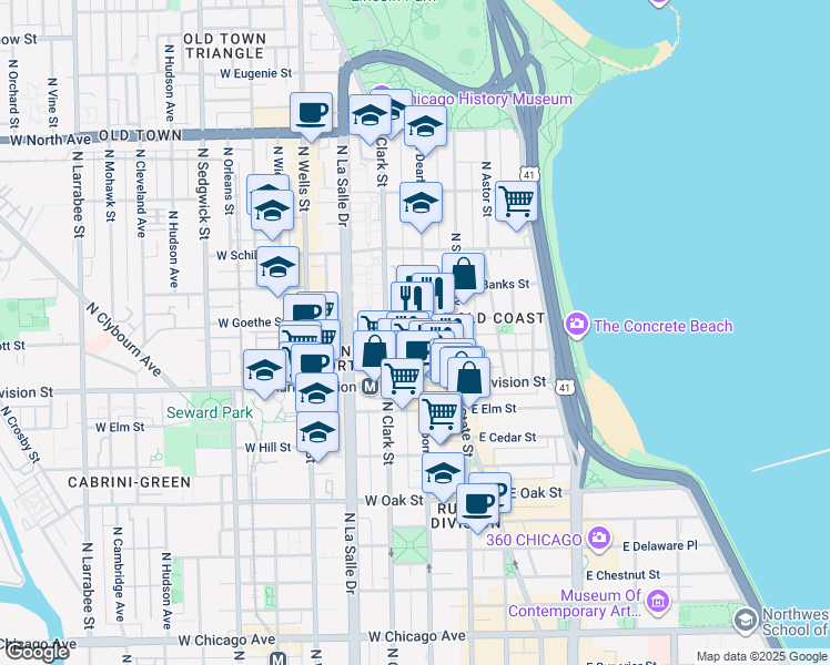 map of restaurants, bars, coffee shops, grocery stores, and more near 1255 North Dearborn Parkway in Chicago