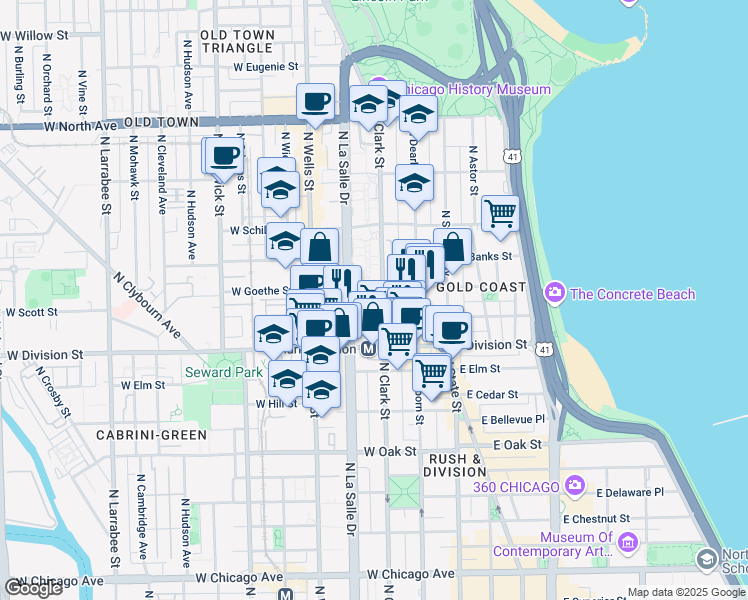 map of restaurants, bars, coffee shops, grocery stores, and more near 1255 North Sandburg Terrace in Chicago