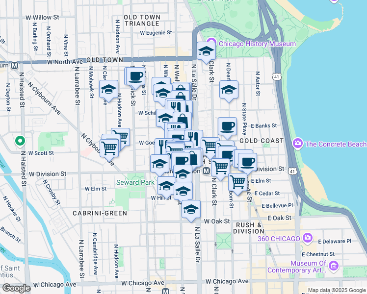map of restaurants, bars, coffee shops, grocery stores, and more near 1254 North Wells Street in Chicago