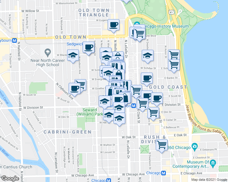 map of restaurants, bars, coffee shops, grocery stores, and more near 1254 North Wells Street in Chicago