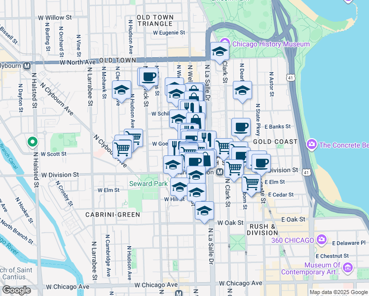 map of restaurants, bars, coffee shops, grocery stores, and more near 1254 North Wells Street in Chicago