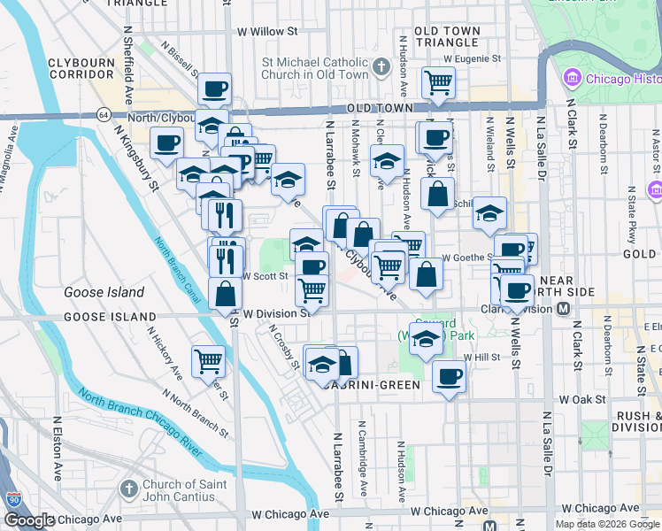 map of restaurants, bars, coffee shops, grocery stores, and more near 1318 North Larrabee Street in Chicago