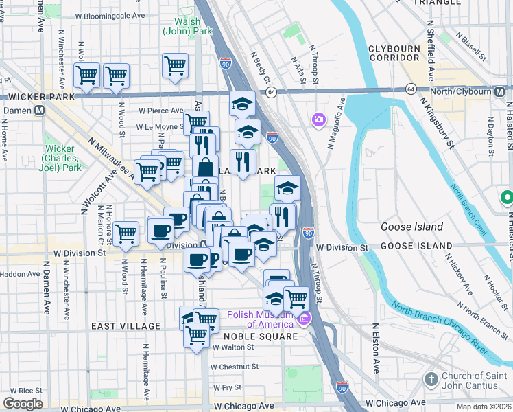 map of restaurants, bars, coffee shops, grocery stores, and more near 1310 North Cleaver Street in Chicago
