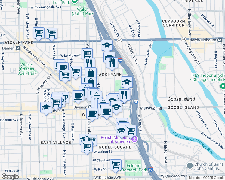map of restaurants, bars, coffee shops, grocery stores, and more near 1310 North Cleaver Street in Chicago