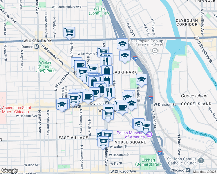 map of restaurants, bars, coffee shops, grocery stores, and more near 1309 North Ashland Avenue in Chicago
