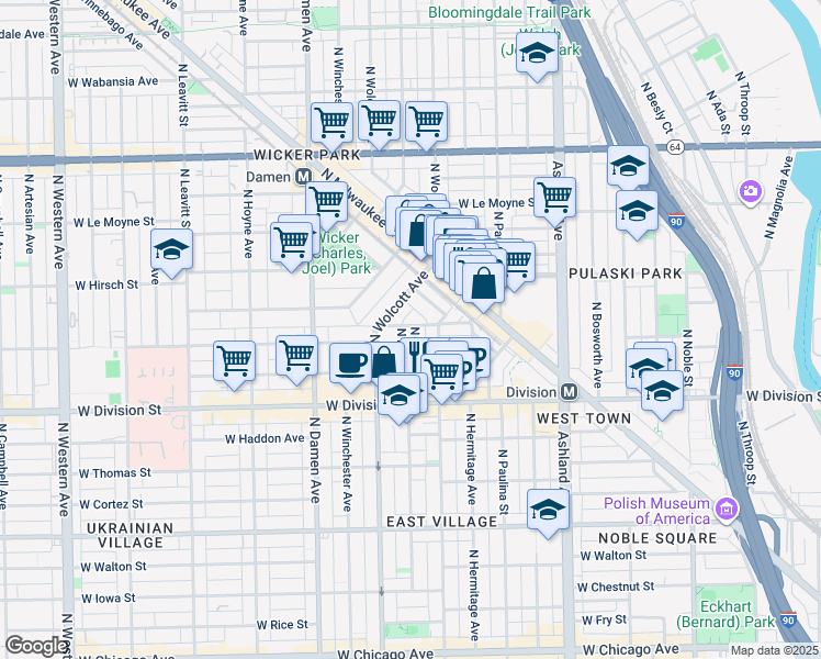 map of restaurants, bars, coffee shops, grocery stores, and more near 1829 West Ellen Street in Chicago