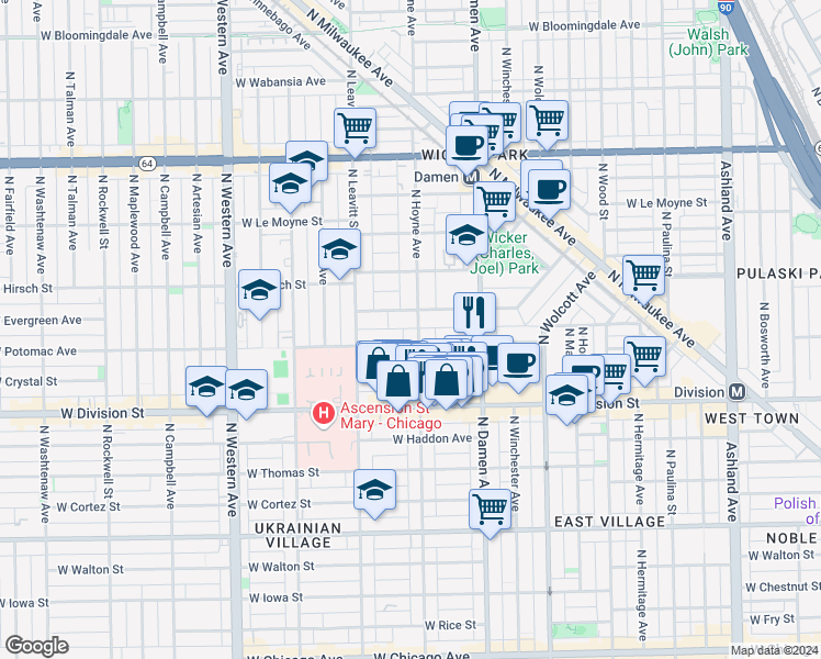 map of restaurants, bars, coffee shops, grocery stores, and more near 1317 North Hoyne Avenue in Chicago