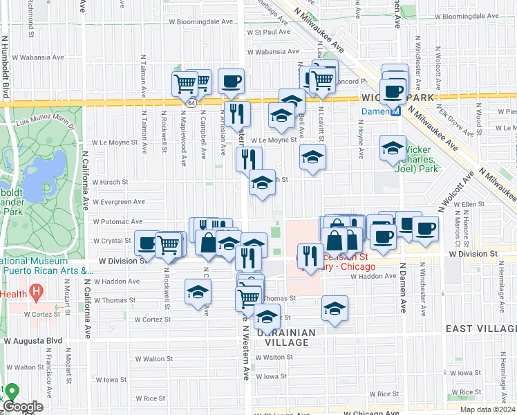 map of restaurants, bars, coffee shops, grocery stores, and more near 1313 North Claremont Avenue in Chicago