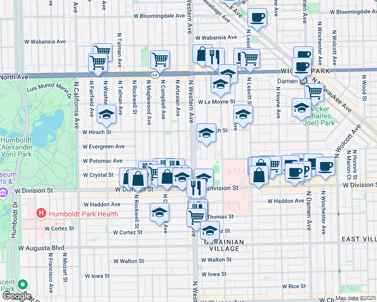 map of restaurants, bars, coffee shops, grocery stores, and more near 1321 North Western Avenue in Chicago