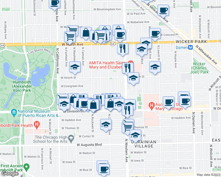 map of restaurants, bars, coffee shops, grocery stores, and more near 1320 North Campbell Avenue in Chicago
