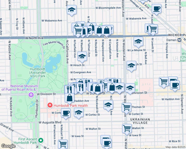 map of restaurants, bars, coffee shops, grocery stores, and more near 2621 West Evergreen Avenue in Chicago