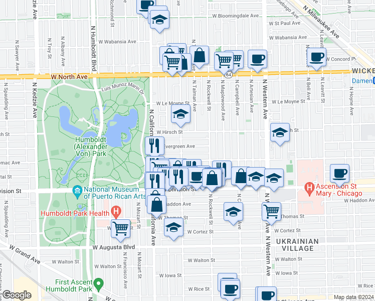 map of restaurants, bars, coffee shops, grocery stores, and more near in Chicago
