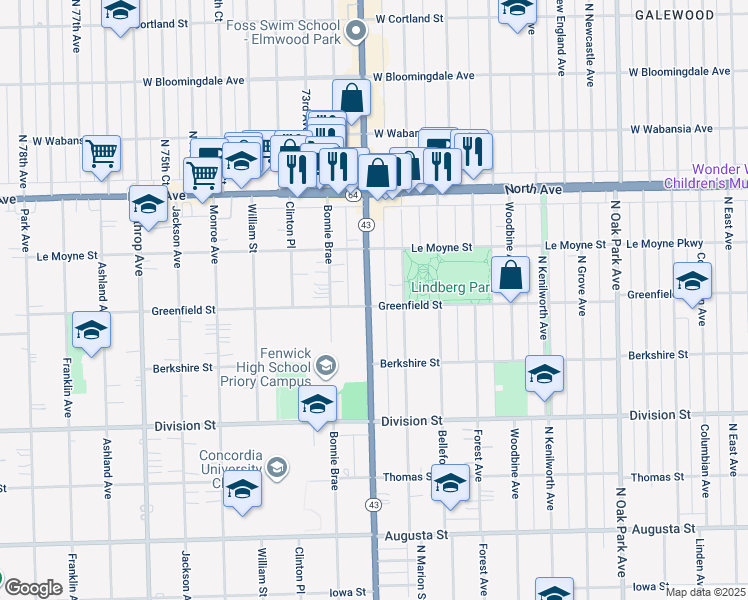 map of restaurants, bars, coffee shops, grocery stores, and more near 1401 Illinois 43 in Oak Park