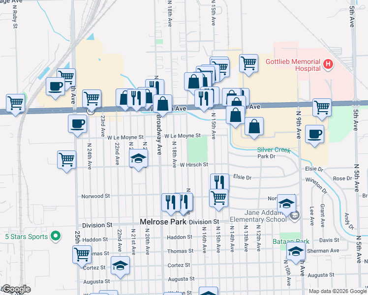 map of restaurants, bars, coffee shops, grocery stores, and more near 1732 North 17th Avenue in Melrose Park