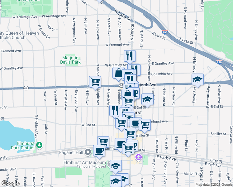 map of restaurants, bars, coffee shops, grocery stores, and more near 260 North Addison Avenue in Elmhurst