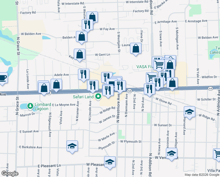 map of restaurants, bars, coffee shops, grocery stores, and more near 3262 West North Avenue in Addison