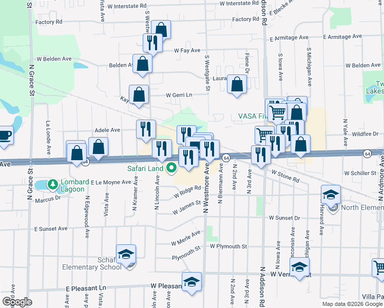 map of restaurants, bars, coffee shops, grocery stores, and more near 3264 West North Avenue in Addison