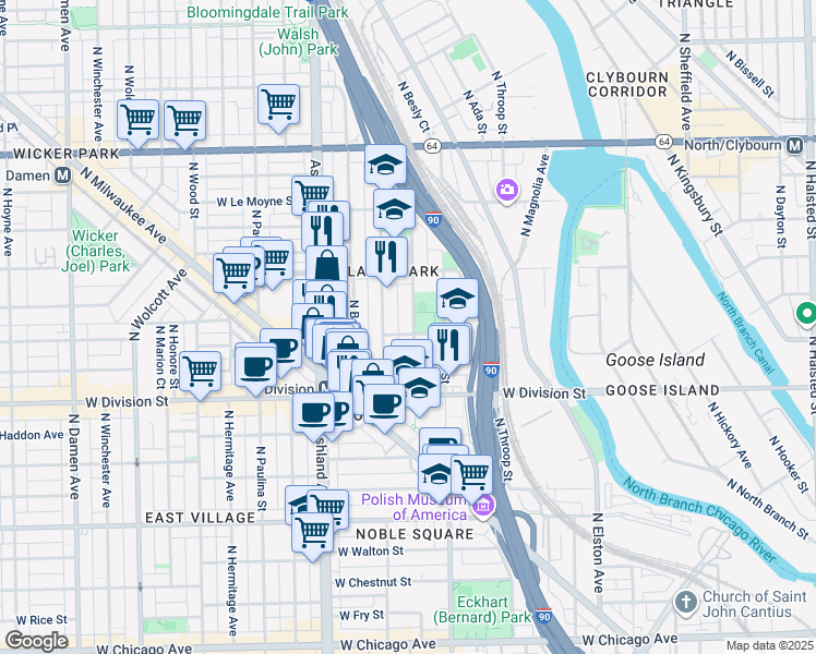 map of restaurants, bars, coffee shops, grocery stores, and more near 1310 North Cleaver Street in Chicago