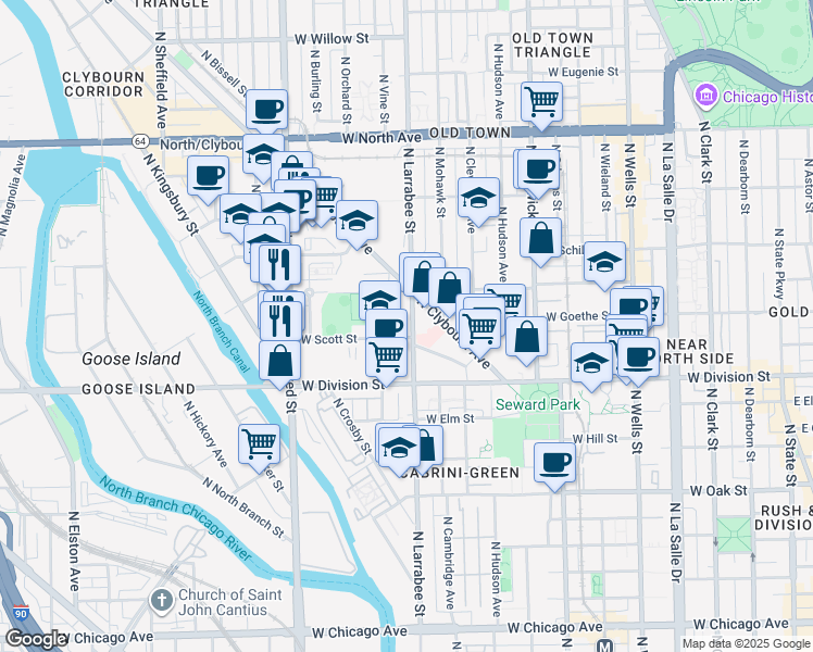 map of restaurants, bars, coffee shops, grocery stores, and more near 1318 North Larrabee Street in Chicago
