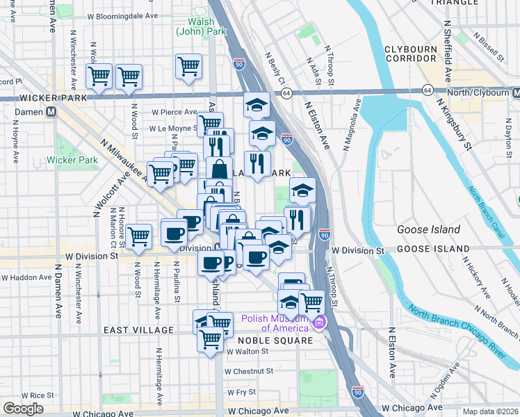 map of restaurants, bars, coffee shops, grocery stores, and more near 1310 North Cleaver Street in Chicago