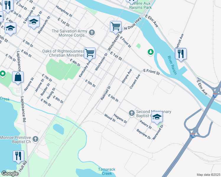map of restaurants, bars, coffee shops, grocery stores, and more near 407 Railroad Street in Monroe