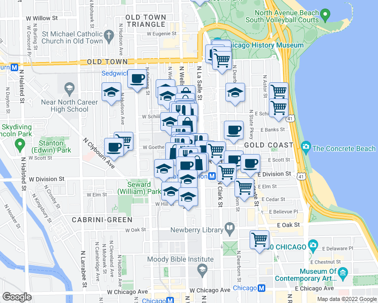 map of restaurants, bars, coffee shops, grocery stores, and more near 1254 North Wells Street in Chicago